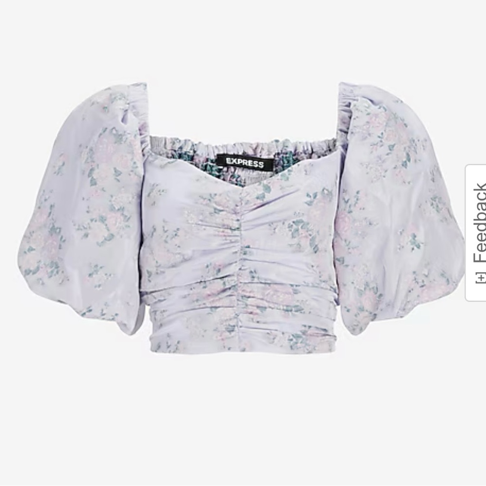 Express Floral Puff Sleeve Ruched Cropped Top